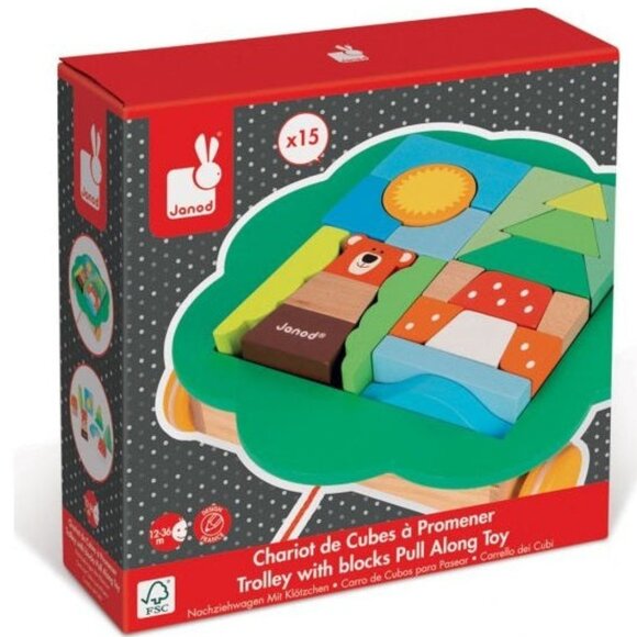 Janod Wooden Trolley with Blocks Pull  Along Toy Brand New - Picture 3 of 11